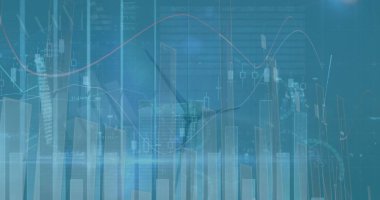 Mali grafikler ve rüzgar türbininin silüetiyle, veri ağında saydam bir ufuk çizgisi görünüyor. Gelecekçi, teknolojik, analitik, dijital, kentsel, yenilenebilir, yenilikçi