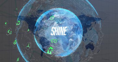 SHINE CO metin ve neon simgeleri ile veri arayüzünde parlayan holografik Dünya küresi gösteriliyor. Gelecek, teknoloji, yenilik, dijital, ağ, arayüz, sürdürülebilirlik