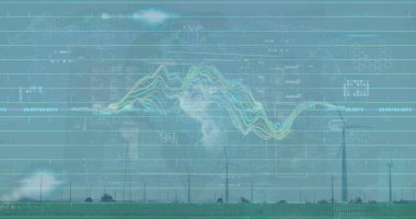Yeşil çimen alanında dönen rüzgar türbinleri, ızgara çizgileri ve sayısal örtüler gösteriyor. Yenilenebilir, sürdürülebilirlik, teknoloji, enerji, çevre, yenilik, sanayi