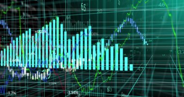 Gösterge panelinde yükselen çubuk grafikleri ve çizgi grafikleri yüzde işaretleriyle birlikte gösteriliyor. Analizler, finans, teknoloji, veri görselleştirme, dijital, yenilik, ön panel