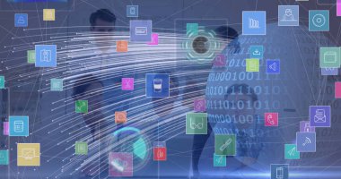 İşbirlikçi ekip, sanal verileri yüzen ikonlar, dünya ve tablet ile birlikte ofiste sunuyor. Gelecekçi, yenilikçi, dijital, takım çalışması, temiz, modern, analitik