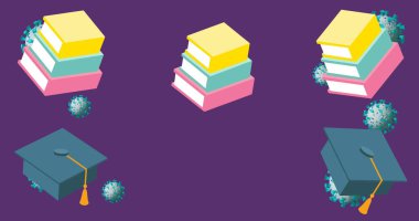 Mezuniyet şapkalı mor arkaplanlı üç renkli kitap yığınını çevreleyen yüzen virüs simgeleri. Eğitim, okur yazarlık, akademik, öğrenme, sağlık bilinci, önleme, vektör sanatı