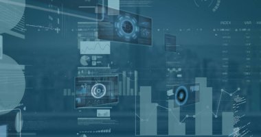 Ufuk çizgisine bakan veri arayüzü üzerinde çizelgeler, veriler ve HUD elementlerini gösteren paneller var. Teknoloji, yenilik, analitik, fütürizm, dijital, veri, gösterge paneli