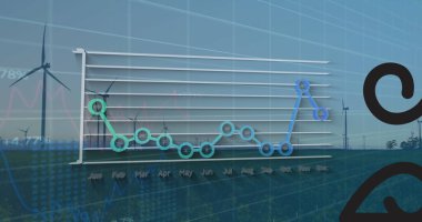 Renkli aylık veri düğümleriyle rüzgar türbini çiftliğini kaplayan birleşik 3D hat grafiği gösteriliyor. Yenilenebilir, sürdürülebilirlik, teknoloji, veri görselleştirme, çevre, temiz enerji, dijital