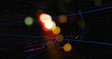 Işık küreleri, şamdanlar, trend bandı ve sayısal etiketlerle dijital ortamda mavi ızgara görüntüleniyor. Futuristik, teknoloji, finans, veri, analitik, siber, pazar
