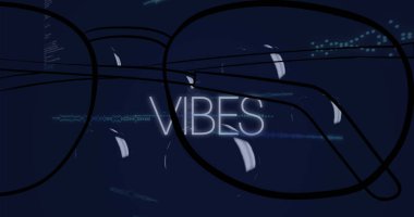 Siyah gözlükler, deniz mavisi dalga formları ve mavi noktalarla dijital düzende neon-beyaz VIBES metni gösteriliyor. Fütürist, soyut, teknoloji, dijital, neon, modern, grafik tasarımı
