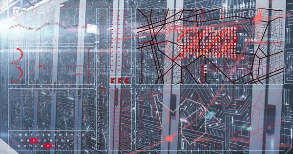 Parlayan sunucu dolapları yanıp sönen ışıklar ve dijital örtülerle veri merkezi koridorunu kaplıyor. Teknoloji, siber güvenlik, ağ, altyapı, veri, dijital, sunucu