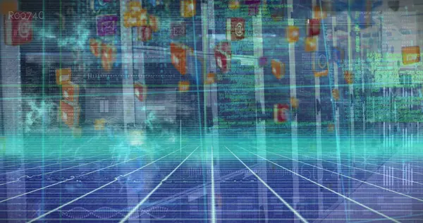 Uygulama simgeleri ve veri sütunlarıyla sanal alanda parlayan ızgara ortamı gösteriliyor. Fütürist, dijital, sürükleyici, yüksek teknoloji, veri, sanal, soyut