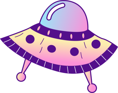 Çizgi film UFO 'su şeffaf arkaplanda süzülüyor, gradyan kubbe, pastel gövde, iniş bacakları gösteriyor. Fantezi, yenilik, bilim kurgu, kaprisli, fütürist, teknoloji, eğlence