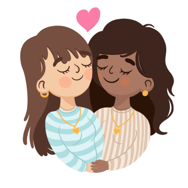 İki kadın şeffaf arka planda düz tasarımla yüzen kalbin altında sarılıyorlar. Sevgi, samimiyet, bağlantı, sevgi, bağlılık, arkadaşlık, uyum.