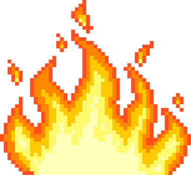 Piksel sanat alevi ikonu sarı çekirdekli, kırmızı turuncu dilli, şeffaf arkaplanlı yanıp sönüyor. Piksel, simge, alev, animasyon, dijital, oyun, canlı