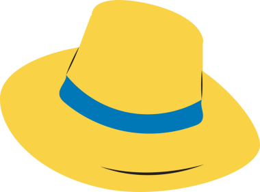 Sarı fötr şapka vektör tarzında şeffaf arkaplanda süzülüyor, mavi kurdele bandını gösteriyor. Moda aksesuarı, başlık, minimalist tasarım, vektör illüstrasyonu, şık kostüm, marka unsuru, dekoratif öğe