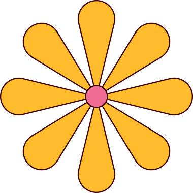 Düz dizaynlı çiçek şeffaf katmanda yüzüyor pembe merkezli, sarı-turuncu yapraklı. Botanik, çiçek, minimalist, dekoratif, illüstrasyon, doğa, grafik