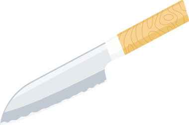 Düz dizayn Santoku bıçağı ahşap sapı ile eğik, şeffaf arka planda istiridyeli bıçak. Mutfak, çatal bıçak, mutfak malzemeleri, minimalist, modern, profesyonel, şef