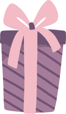 Çizgili mor hediye kutusu düz stil pembe kurdeleli ve şeffaf arkaplanlı olarak gösteriliyor. Kutlama, hediye, lüks, zarafet, dekor, şenlik, yıldönümü