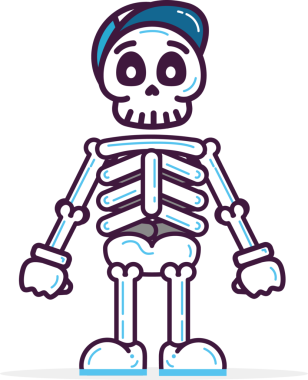 Cartoon skeleton is wearing backward blue baseball cap, transparent background, flat grey shadow. Illustration, playful, whimsical, minimalist, character, fun, casual