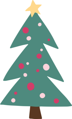 Düz dizayn Noel ağacı, saydam arkaplanda sarı yıldız ve kırmızı-pembe süsler takıyor. Şenlik, bayram, kutlama, dekoratif, minimalist, mevsimlik, neşeli