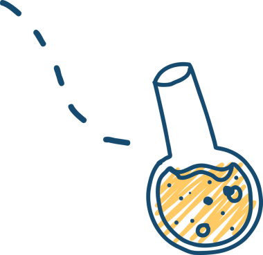 Çizgi sanatı matarası, saydam arkaplanda kabaran sarı sıvıyı ve kesik çizgileri gösteriyor. Kimya, araştırma, bilim, laboratuvar, deney, yenilik, dijital sanat