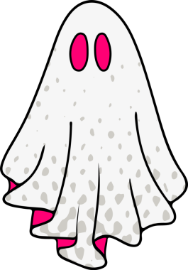 Şeffaf arka planda yüzen, benekli beyaz çarşaf giyen parlak pembeyi gösteren bir çizgi film hayaleti. Fantezi, kaprisli, gerçeküstü, oyuncu, minimalizm, pastel, animasyon