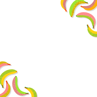 Şekillendirilmiş muzlar şeffaf tuval etrafında hizalanarak neon pop sanat modelleri gösteriyor. Soyut, enerjik, modern, oyuncu, sanatsal, tasarım, grafikler