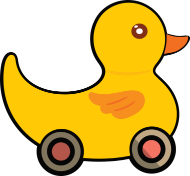 Dört dairesel tekerlekle şeffaf arka planda klip sanatı tarzı sarı ördek oyuncağı gösteriliyor. Oyuncu, çocukluk, eğlence, çizgi film, renkli, süs, resim