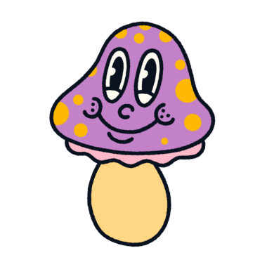 Mantarda mor benekli şapka, pembe fırça, düz tasarım, şeffaf arkaplan bulunuyor. Tuhaf, neşeli, fantezi, karakter, illüstrasyon, canlı, maskot