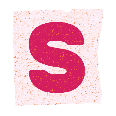 Büyük harf pembe S harfi, şeffaf tuval üzerinde turuncu noktalar olan yırtık bir kağıt üzerinde yüzüyor. Typography, graphic design, minimalist, desenli, soyut, poster, markalaşma