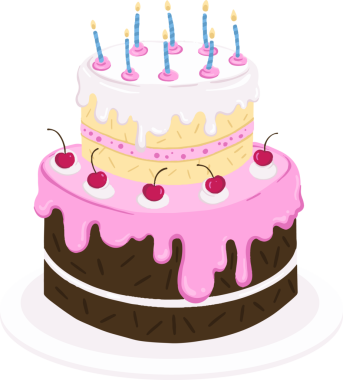 Düz dizayn, iki katlı pasta, kiraz, beyaz tabakta sekiz mum, şeffaf arkaplan. Kutlama, tatlı, şekerleme, şekerleme, parti, zarafet, lüks