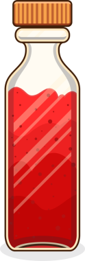 Düz çizgi film şişesinde tırtıklı turuncu başlık ve benekli kırmızı sıvı, şeffaf arka plan var. Vektör, içecek, ambalaj, tasarım, illüstrasyon, sağlıklı, canlı