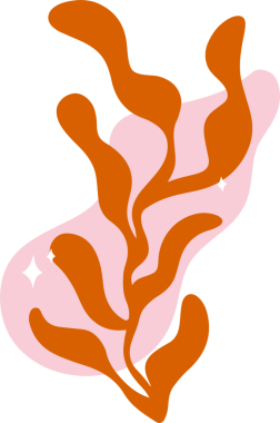 Düz dizayn şekli açık arkaplanda pembe damlacıklı turuncu dallar ve beyaz parıltılarla süzülüyor. Soyut, organik, akışkan, renkli, canlı, botanik, mistik