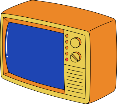 Retro TV is featuring flat design with orange case, blue screen and knobs, transparent backdrop. Vintage, technology, illustration, consumer electronics, digital art, nostalgia, minimalism