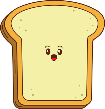 Çizgi film ekmek dilimi düz dizaynlı, parlak gözlü, kırmızı dilli, şeffaf tuvalli bir şekilde gülümsüyor. Tuhaf, neşeli, neşeli, minimalist, renkli, vektör, atıştırmalık