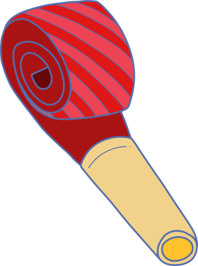 Düz tasarım parti üfleyicisi şeffaf fon üzerinde çizgili bobin ve sarı uçlu ağızlık gösteriyor. Kutlama, festival, dekorasyon, aksesuar, oyuncak, karnaval, etkinlik