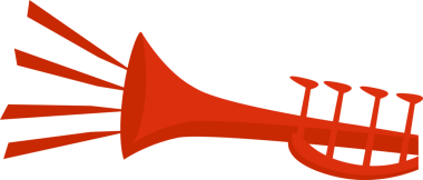 Kırmızı trompet düz stil olarak gösteriliyor, şeffaf arkaplanda dört valf bulunan ses ışınları yayıyor. Müzik, illüstrasyon, grafik, eğlence, kutlama, canlı, enerjik