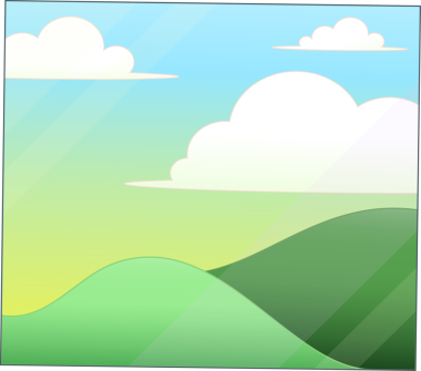 Düz tasarım çizimi, dört bulutlu, şeffaf arkaplanlı yuvarlanan yeşil tepeleri gösteriyor. Manzara, doğa, minimalist, vektör, manzara, sükunet, açık hava