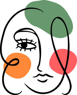 Stilize edilmiş soyut yüz, şeffaf arkaplanda tek çizgi ve renk şekilleriyle çiziliyor. Minimalist, çizgi sanatı, çağdaş, sanatsal, modern, yaratıcı, anlamlı