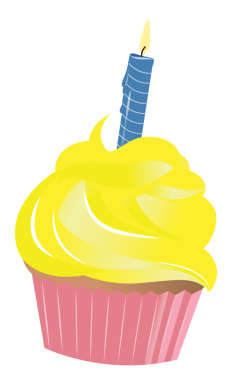 Düz tasarım kek, şeffaf arkaplanda pembe çizgili, sarı girdap, mavi mum ile gösteriliyor. Tatlı, kutlama, kawaii, renkli, doğum günü, illüstrasyon, festival