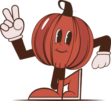 Balkabağı çizgi filmi, şeffaf arka planda, eldivenleri kırmızı olan yassı bir tabela tutuyor. Tuhaf, neşeli, kaprisli, karakter, çizimli, neşeli, maskot.