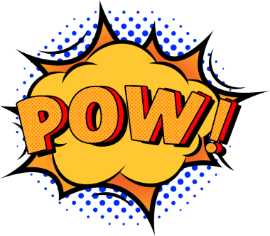 Çizgi romanda sarı bulut, POW mesajı ve şeffaf arkaplanda mavi yarım ton noktalar görülüyor. Comic style, dynamic design, pop art, graphic illustration, digital art work, bold color, action motif