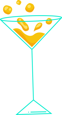 Sarı sıvı damlacıklar serpiştiren deniz mavisi martini bardakları, şeffaf arkaplan. Kokteyl, içecek, sıçrama, sprey, su, içecek, minimalizm.