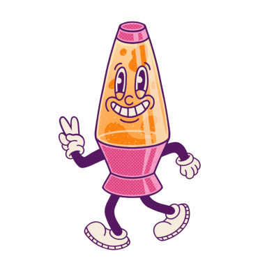 Çizgi film lav lambası şeffaf bg üzerinde yürüyor, eldivenli eldiven ile barış işareti yapıyor. Tuhaf, kaprisli, neşeli, neşeli, pop sanat, animasyon, fantezi