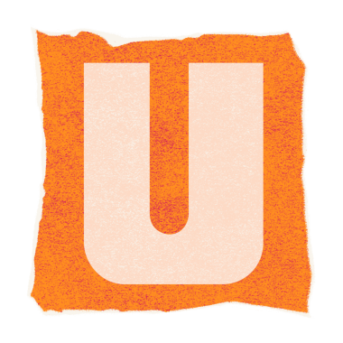 Düz dizayn harfi U, şeffaf arkaplanda turuncu desenli kare üzerinde yüzüyor, kopyala uzayı. Minimalist, markalaştırma, grafik tasarımı, modern, soyut, kurumsal, logo