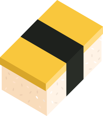 Isometric tamago nigiri 'de susamlı pilav, yumurta, deniz yosunu ve fotokopi uzayı var. Japon mutfağı, aşçılık sanatı, minimalizm, yemek çizimi, sağlıklı beslenme, gurme, ambalaj tasarımı.