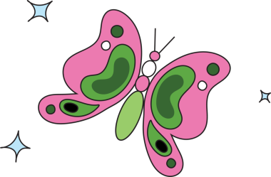 Dekoratif kelebek düz tasarımla uçuyor pembe kanatları ve ışıltılarıyla, şeffaf arka planıyla. Vektör illüstrasyon, güzellik, zarafet, minimalizm, fantezi, doğa, dekorasyon