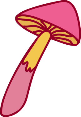 Düz dizayn mantarı şeffaf arka planda, pembe başlık ve sarı solungaçlarla ortaya çıkıyor. İllüzyon, fantezi, kaprisli, canlı, doğa, dekoratif, minimalizm