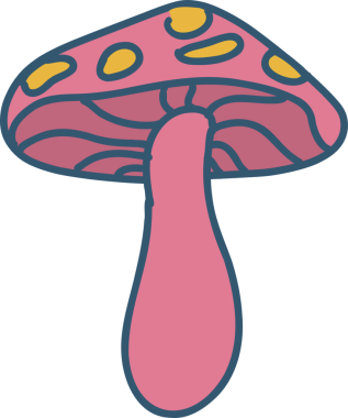 Düz dizayn mantarı şeffaf arka planda süzülüyor, sarı benekli pembe şapkalı. Fantezi, kaprisli, vektör, grafik, çocuklar, canlı, oyuncu