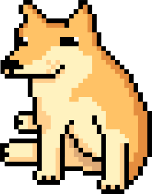 Şekillendirilmiş tıkanmış pikselli sanat köpeği şeffaf arka planda kaldırılmış patiyle sol açıda oturuyor. Resim, maskot, çizgi film, minimalizm, dijital illüstrasyon, oyun, karakter tasarımı