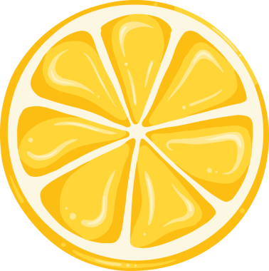 Düz dizayn edilmiş limon dilimi, şeffaf arkaplanda parlak renkli bölümler gösteriyor. Citrus, ferahlık, minimalizm, zindelik, sağlık, atıştırmalık, organik