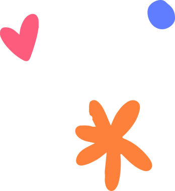 Düz dizayn şekilleri pembe kalp, mavi daire, şeffaf arkaplanda turuncu çiçek gösteriyor. Soyut tasarım, canlı grafikler, modern sanat, dijital illüstrasyon, renkli kompozisyon, minimalizm, görsel hikaye anlatımı