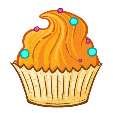 Çizgi filmlerdeki kekler şeffaf bg, altın kaplama, turuncu krema, deniz mavisi pembesi parçacıkları üzerinde yüzüyor. Tatlı, şekerleme, tatlı ikram, pasta, fırın, fırın, canlı